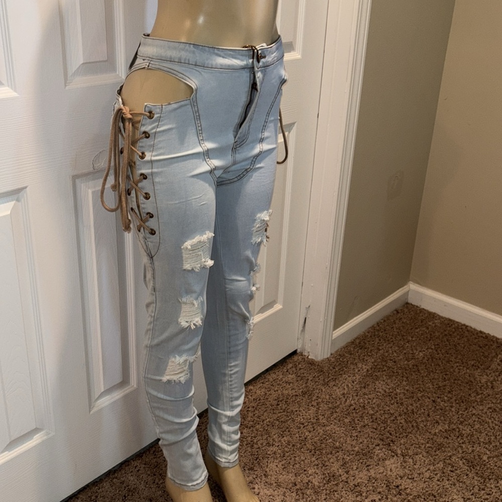 Fashion Nova -Getting Out There Lace Up Skinny Jeans - Light Wash size L - Picture 7 of 9